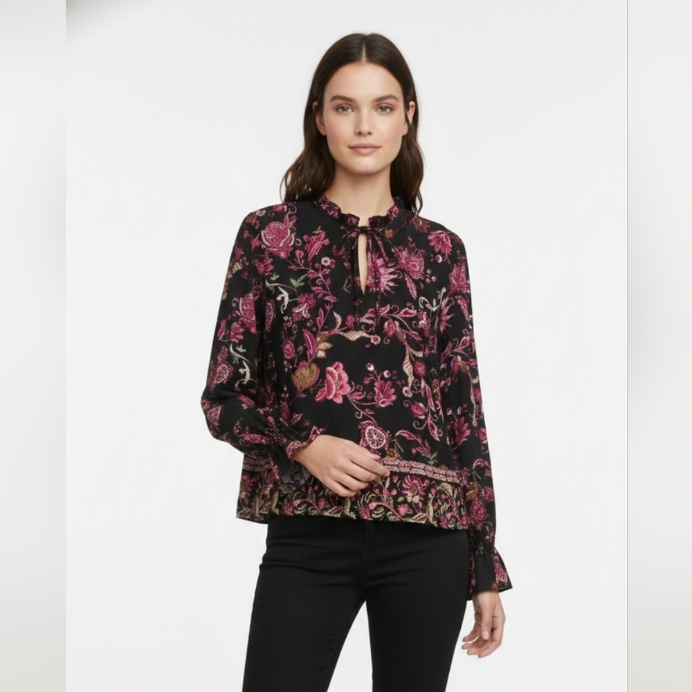 INC Blouse Black Pink Floral Goth Fairy Whimsigoth Boho L